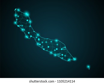 Abstract blue background with Curacao map, internet line, connected points. Curacao map with dot nodes. Global network connection concept. Wire frame 3D mesh polygonal network line. vector.