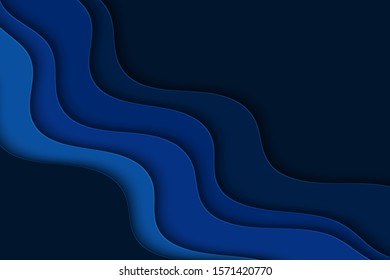 Abstract blue background with curve lines and waves. Paper cut water wallpaper.