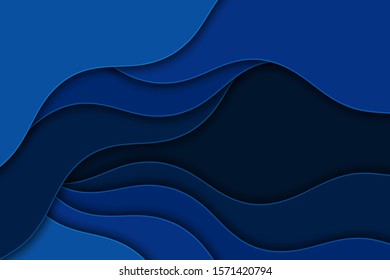 Abstract blue background with curve lines and waves. Paper cut water wallpaper.