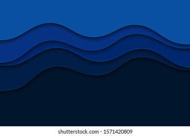 Abstract blue background with curve lines and waves. Paper cut water wallpaper.