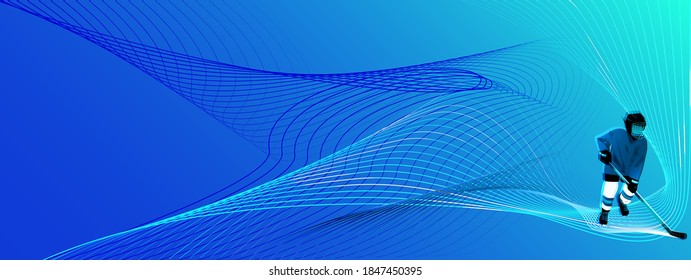 Abstract blue background with curved lines. The figure of a hockey player in motion with a stick.