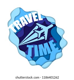 Abstract blue background with cut paper elements and golden fish