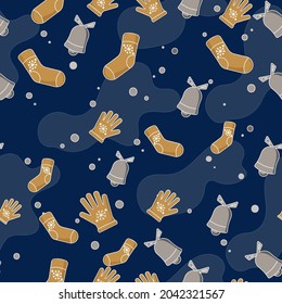 Abstract Blue Background Decorated With Winter Sock, Gloves And Jingle Bells.