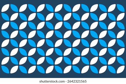 abstract blue background design. Light blue and white interlocking petals create a clean, simple Indonesian batik style pattern against a deep blue background. Floral background design