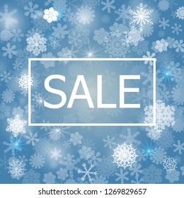 Abstract blue background. A lot of different shining snowflakes. Banner Sale. Vector illustration. Eps 10.
