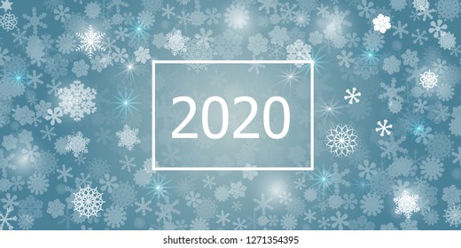 Abstract blue background. A lot of different shining snowflakes. Greeting card 2020. Vector illustration. Eps 10.