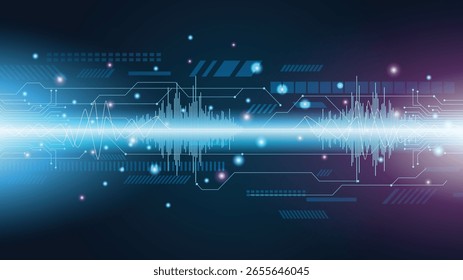 Abstract blue background with digital sound wave patterns and glowing circuit-like elements.