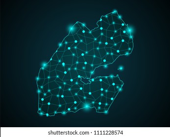 Abstract blue background with Djibouti map, internet line, connected points. Djibouti map with dot nodes. Global network connection concept. Wire frame 3D mesh polygonal network line. vector.