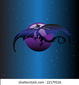 Abstract blue background with dragon shape in front of a colorful sphere