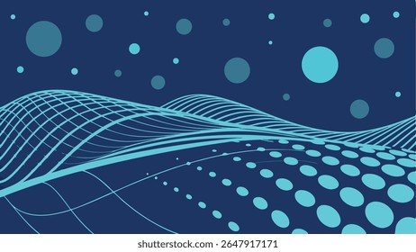 Abstract blue background with dynamic digital waves, grid patterns, and floating spheres. Perfect for tech, science, and data visualization designs.