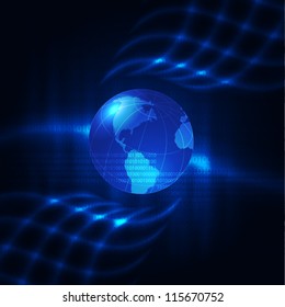 Abstract blue background with earth. Glowing grid.
