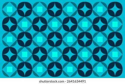abstract blue background. Ethnic style Indonesian Batik Ceplok motif, a simple geometric floral pattern alternating light aqua squares with dark blue rounded petals on a teal background. floral design