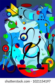 Abstract blue background ,fancy  geometric and curved shapes , surrealism art style