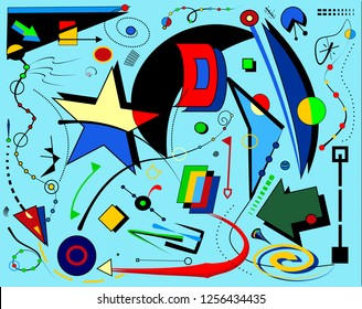 Abstract blue background ,fancy  geometric and curved shapes , surrealism art style