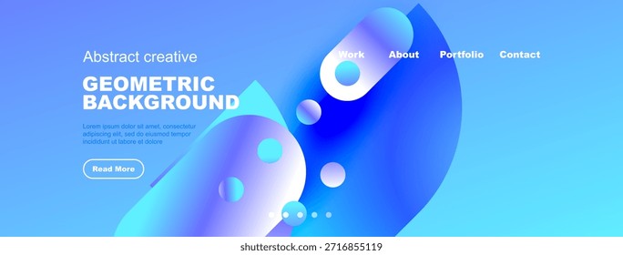 Abstrakter blauer Hintergrund mit geometrischen Formen, Text, Navigationsmenü. Modernes Design geeignet für Website-Header oder Banner.