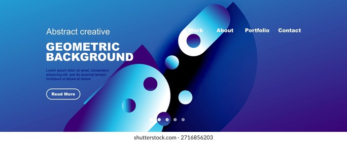 Abstrakter blauer Hintergrund mit geometrischen Formen, Text, Navigationsmenü. Modernes Design geeignet für Website-Header oder Banner.