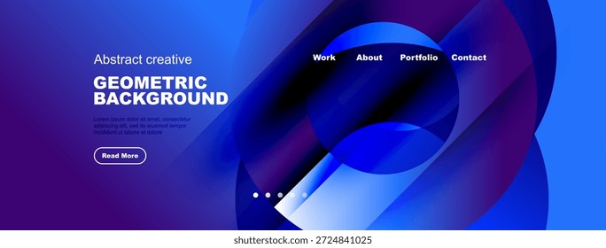 Abstract blue background features geometric shapes, text, navigation menu. Modern design suitable for website header or banner.