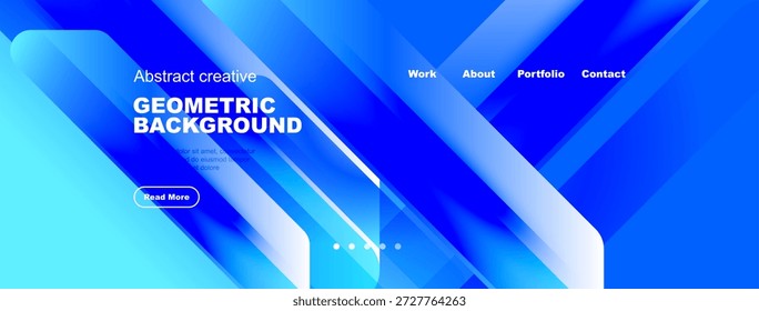 Fundo azul abstrato apresenta formas geométricas, elementos de texto, menu de navegação. Design moderno adequado para cabeçalho ou banner do site.