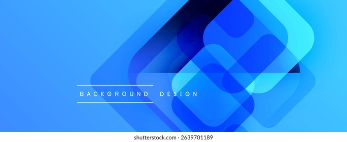 Abstract blue background features overlapping rounded squares. Gradient shades create depth, modern design element. Text reads background design.