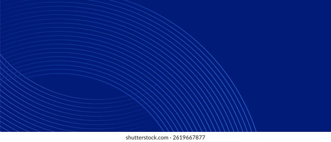 Abstract blue background features thin curved lines. These lines converge on the left and arc across the image creating a sense of depth. Dark blue abstract background with glowing hexagon circle.