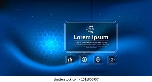Abstract blue background featuring glowing outer space with stars and planets, with grid background with innovation of circles, lines and shapes for websites and printing. Vector
