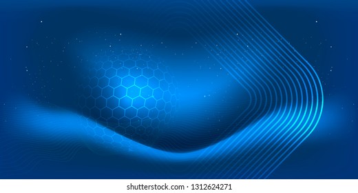 Abstract blue background featuring glowing outer space with stars and planets, with grid background with innovation of circles, lines and shapes for websites and printing. Vector