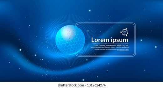 Abstract blue background featuring glowing outer space with stars and planets, with grid background with innovation of circles, lines and shapes for websites and printing. Vector