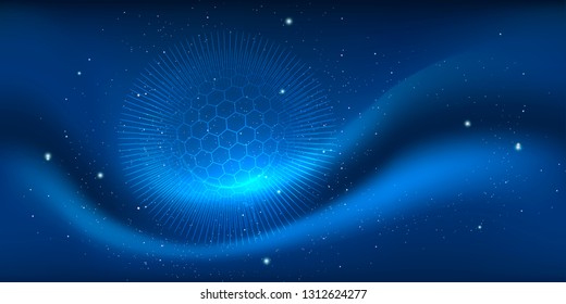 Abstract blue background featuring glowing outer space with stars and planets, with grid background with innovation of circles, lines and shapes for websites and printing. Vector
