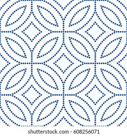 Abstract blue background. Floral pattern. Seamless vector design element. Intricate round ornament. Unusual dots texture. Fashionable fabric, furniture cloth print, wallpaper, interior decoration.