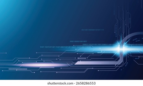 Abstractas fondo azul con luz fluida, líneas de circuitos y Elementos de código binario para un concepto tecnológico.