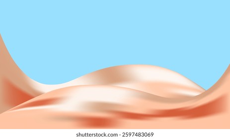Abstract blue background with fluid neon light Peach Fuzz waves. Innovation technology concept. Luxury backdrop. Geometric digital wallpaper. Vector. Copy space. Trendy summer color. Minimal banner.