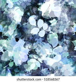 Abstract blue background with foliage & spots. Oak leaves, birch, alder, beech, maple, aspen. The leaves of trees and shrubs. Seamless floral pattern. Watercolor effect. Transparency. Overlay. Overlap