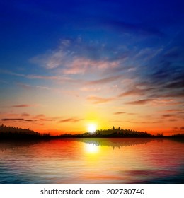 abstract blue background with forest lake clouds and sunrise