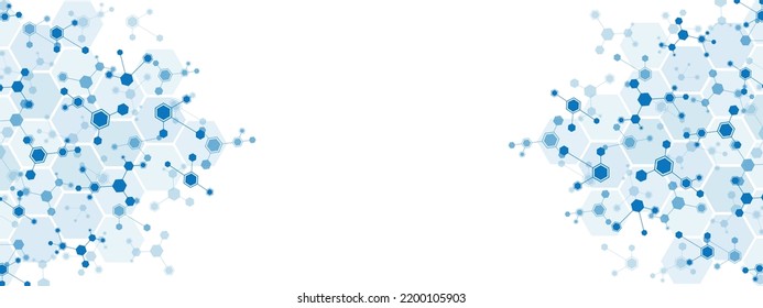Abstract blue background frame. Pattern of hexagons, cells connected by lines. Digital network. Plexus of molecules. Chemical element. Poster for social networks, websites, medicine. Vector	