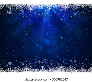 Abstract blue background with frame from snowflakes, illustration. 