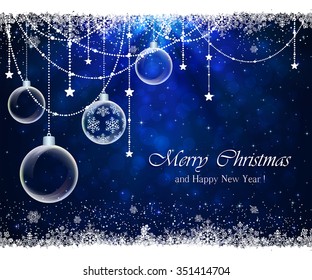 Abstract blue background with frame from snowflakes, stars and Christmas balls, illustration. 