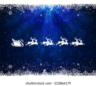 Abstract blue background with frame from snowflakes and flying Santa, illustration. 