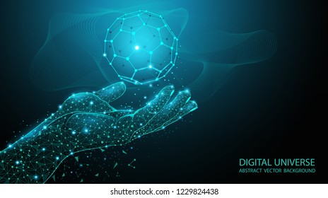 Abstract blue background. Futuristic pattern. Molecular biology. Technologies of the future. Geometry and Mathematics. Human hand from polygonal mesh. Polygonal transparent sphere. Virtual reality. 