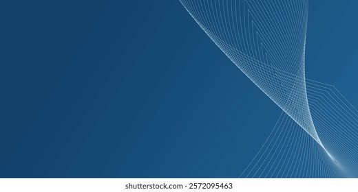 Abstract blue background with futuristic wave lines and digital pattern design. This image shows a smooth blue background with translucent white lines flowing in the top right corner.