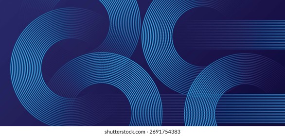 Abstrakter blauer Hintergrund mit geometrischem kreisförmigem Linienmuster. Moderne, glänzende blaue Linien. Futuristische Technologie Grafikdesign. Anzug für Business, Umschlag, Kopfzeile, Tapete, Corporate, Website, Flyer