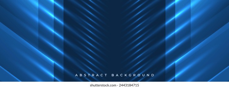 Abstract blue background with geometric dynamic glowing diagonal lines. Modern trandy abstract blue wide banner for business, corporate, brochure, poster, cover or banner. Vector illustration