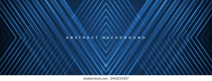 Abstract blue background with geometric dynamic glowing diagonal lines. Modern trandy abstract blue wide banner for business, corporate, brochure, poster, cover or banner. Vector illustration