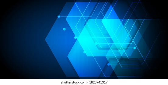 Abstract blue background geometric hexagon overlapping with lines lighting effect. Technology concept. Vector illustration