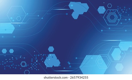 Fondo azul Abstractas con Formas hexagonales geométricas y líneas fluidas que sugieren conexiones tecnológicas.