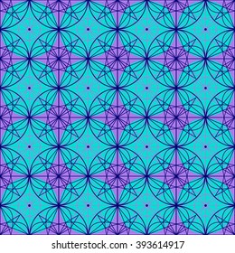 Abstract blue background with geometric seamless linear cold colors pattern in vector. Astral sacred geometry of line shapes in seamless vector ornamental pattern. Sacred geometry design. Trendy print
