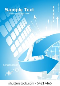 abstract blue background with globe, arrowhead and sample text