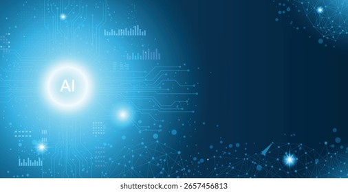 Abstract blue background with a glowing AI symbol, circuit patterns, and a network mesh design.