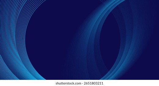 Fundo azul abstrato com linhas curvas brilhantes. Design de linhas de curva de espiral azul brilhante. Linhas espirais. Padrão geométrico oval. Conceito de tecnologia futurista. Ilustração vetorial