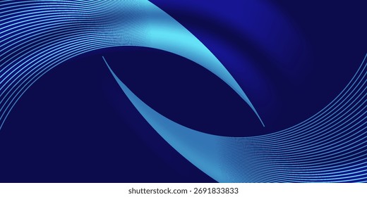 Fundo azul abstrato com linhas curvas brilhantes. Design de linhas de curva de espiral azul brilhante. Linhas espirais. Padrão geométrico oval. Conceito de tecnologia futurista. 