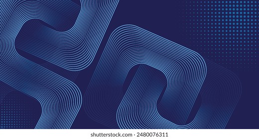 Abstrakter blauer Hintergrund mit blau leuchtenden diagonalen geometrischen Linien. Moderne glänzend blaue abgerundete Rechtecklinien Muster. Minimalistisches Grafikdesign. Futuristisches Technologiekonzept.